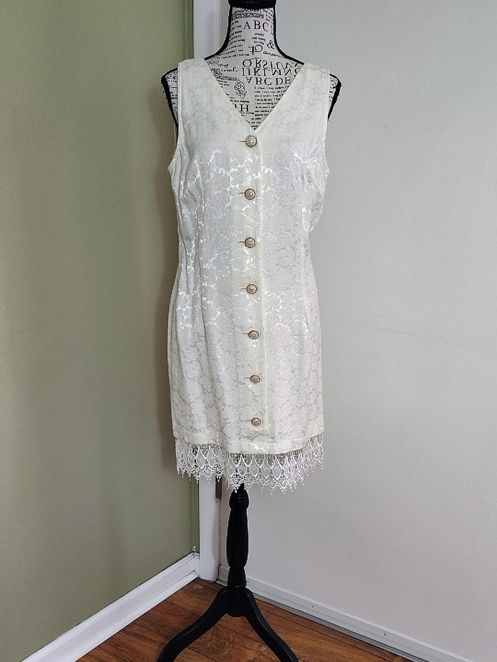 VTG White Floral Lace Button Front Crochet Hem Coquette‎ Dress SZ 11/12 *Small